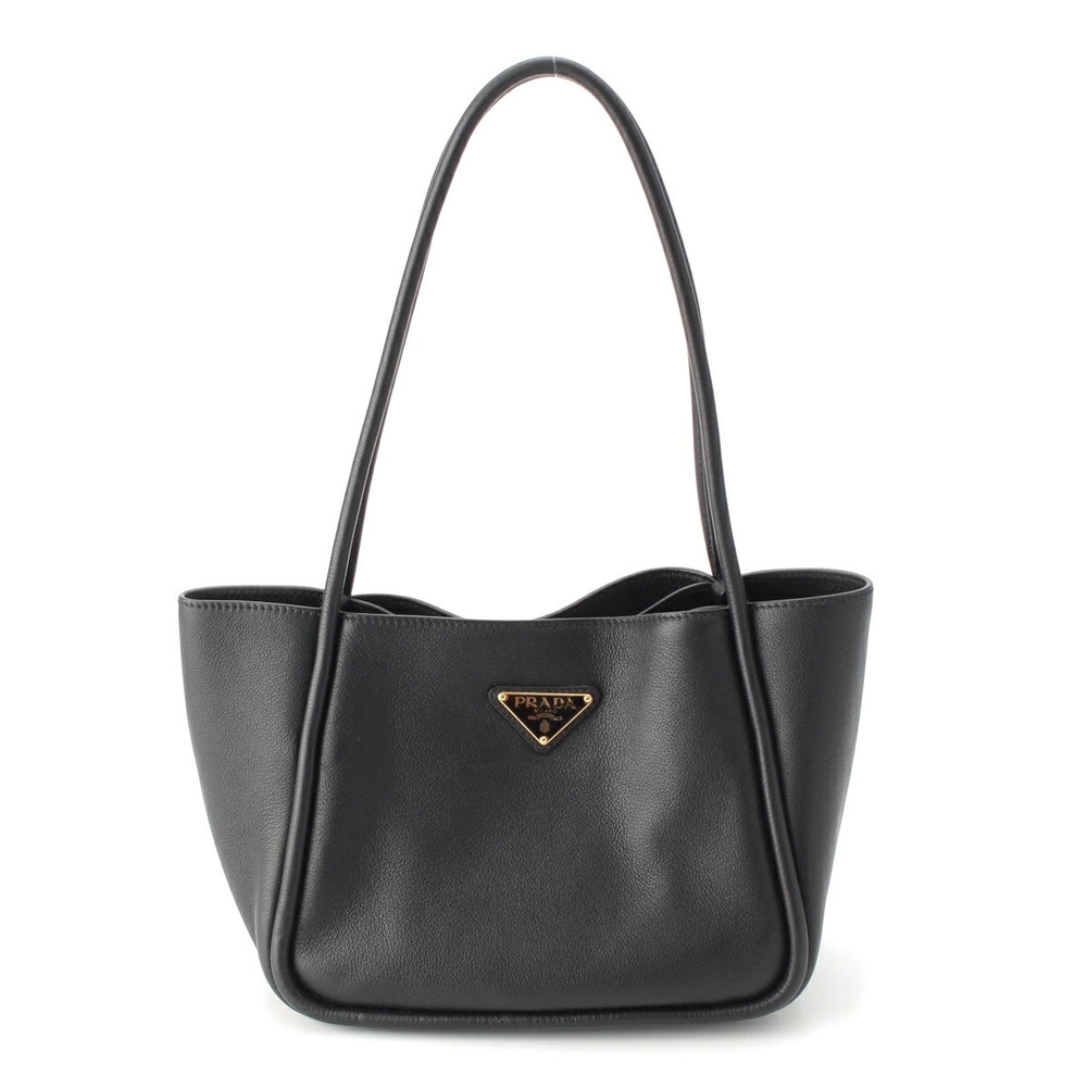 Prada Soft Grain Leather Triangle Plate Tote Bag Black